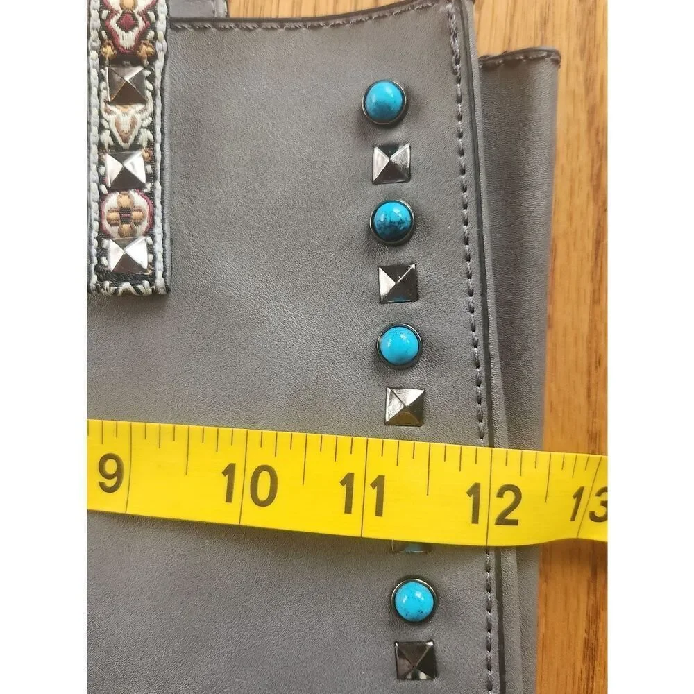 Gray Southwestern Tote Bag w turquois & Silver studs & Embroidered Floral Straps
